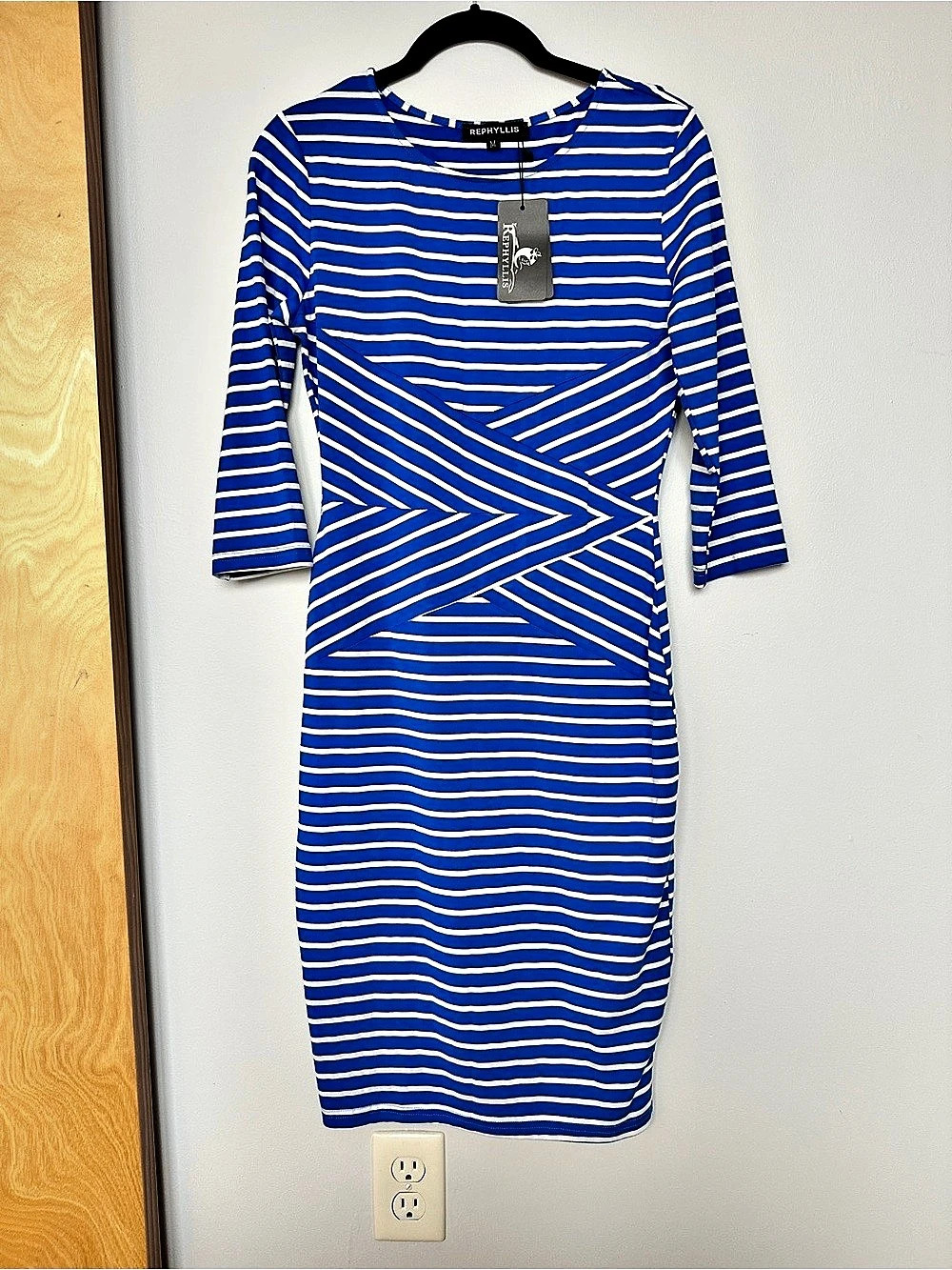 REPHYLLIS Striped Midi Dress in Blue & White Size Medium NWT